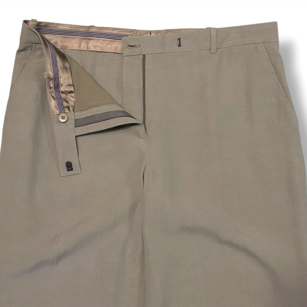 ARMANI COLLEZIONI Tan Mid Rise Flat Front Linen Blend Straight Leg Dress Pants - Picture 2 of 10